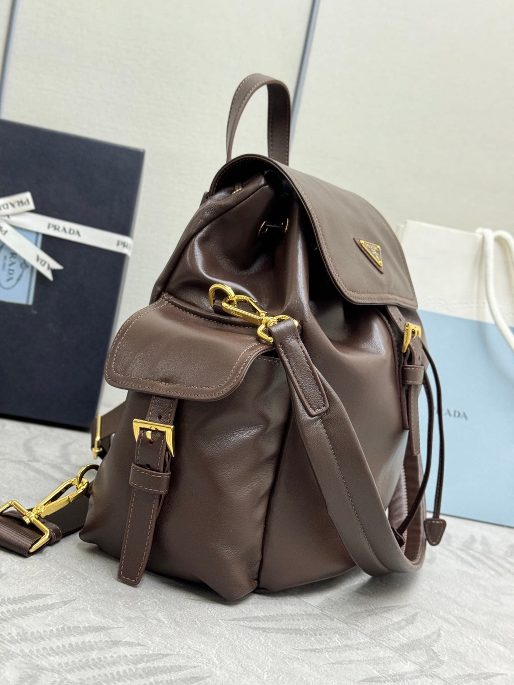 PRADA EXPLORE MEDIUM BACKPACK 29 IN BROWN CALFSKIN