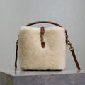 YSL LE 15 MINI SHEARLING BUCKET BAG IN CREAM BEIGE WITH LEATHER TRIM