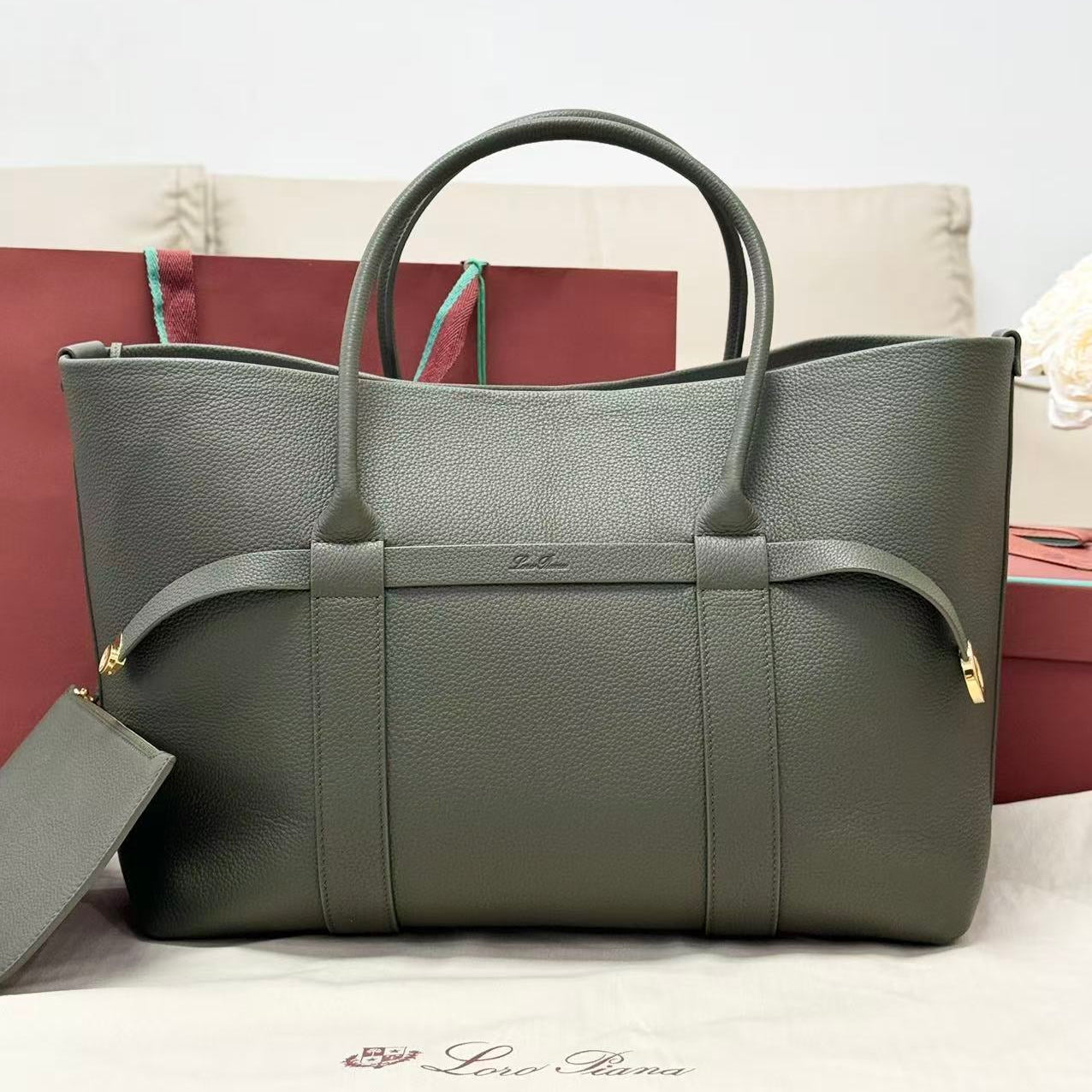 LP GHIERA SHOPPER BAG 40 IN MOSS GREEN CALFSKIN