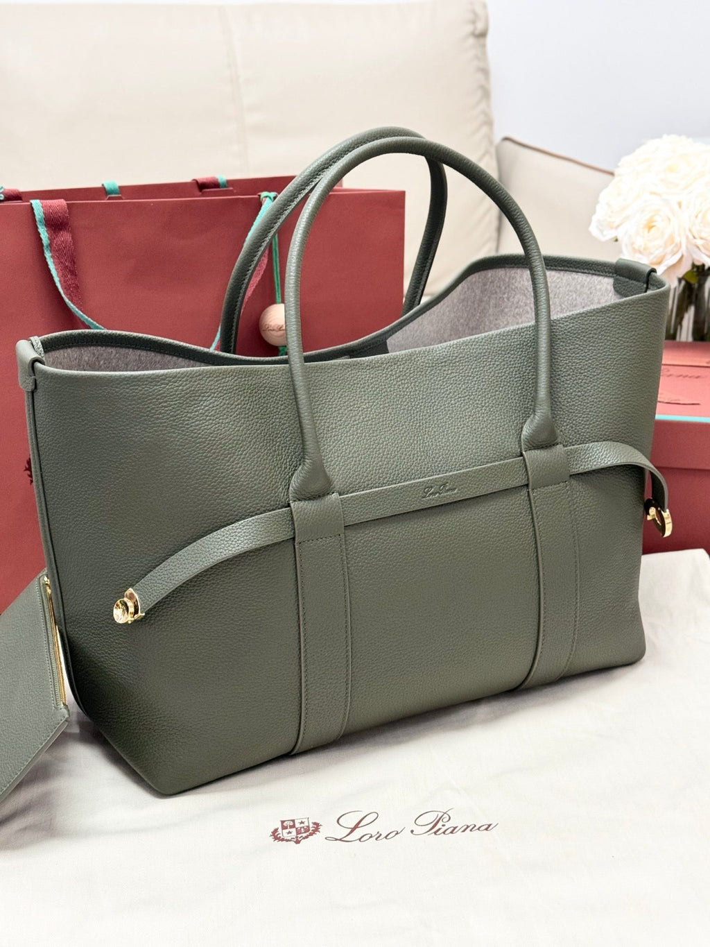 LP GHIERA SHOPPER BAG 40 IN MOSS GREEN CALFSKIN