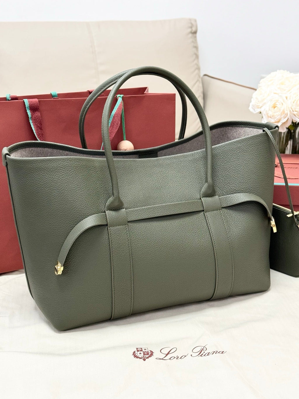 LP GHIERA SHOPPER BAG 40 IN MOSS GREEN CALFSKIN