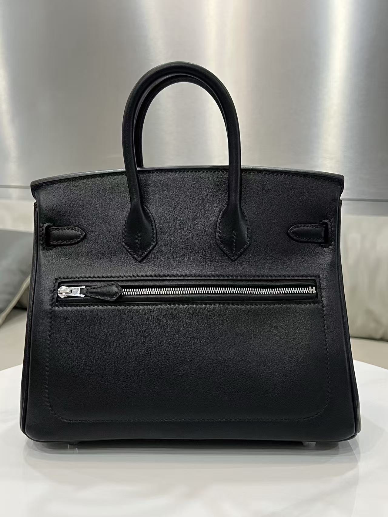 HM ROCK BIRKIN 25 BAG IN BLACK TOGO SILVER HARDWARE.