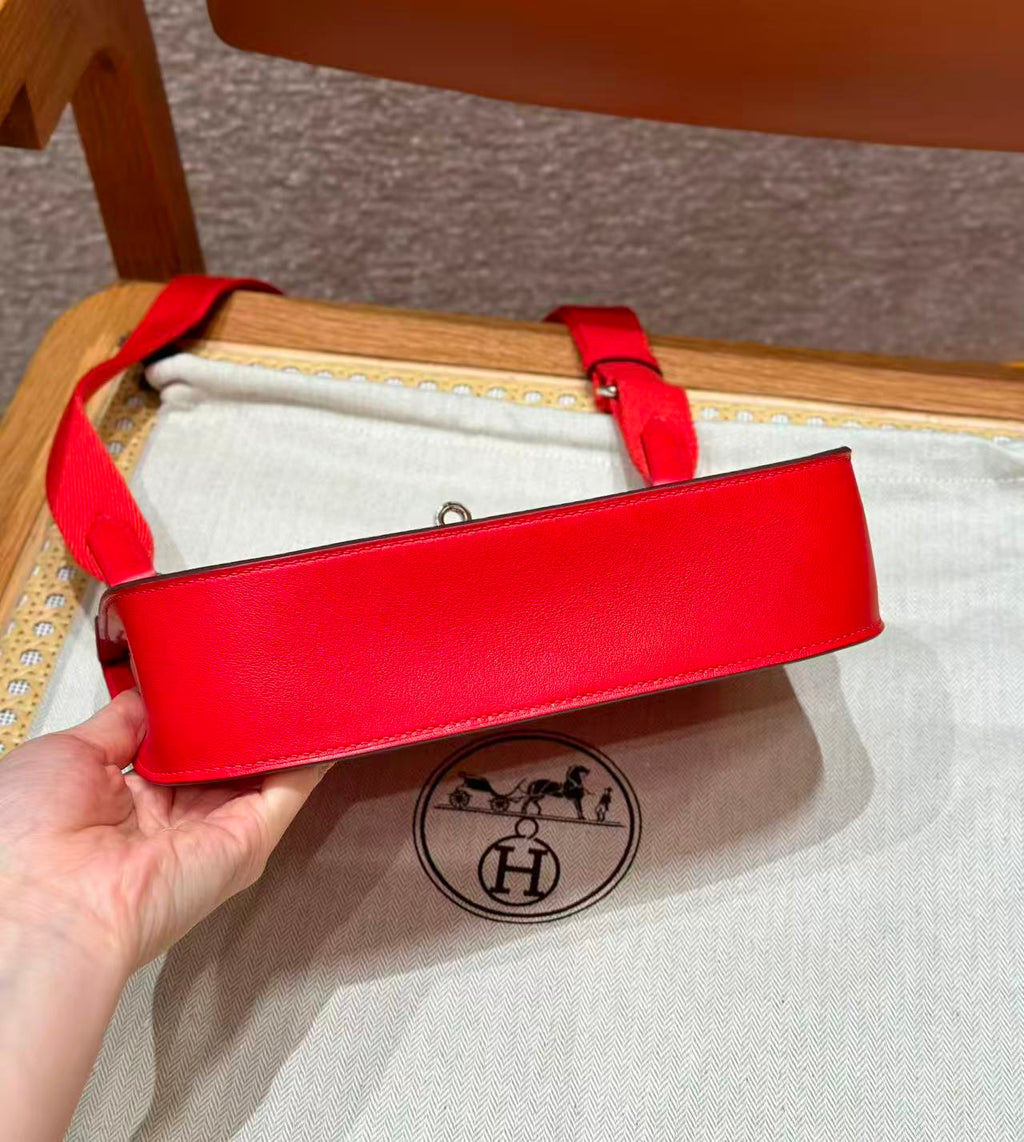 HM MINI JYPSIERE BAG IN RED SWIFT LEATHER SILVER HARDWARE.