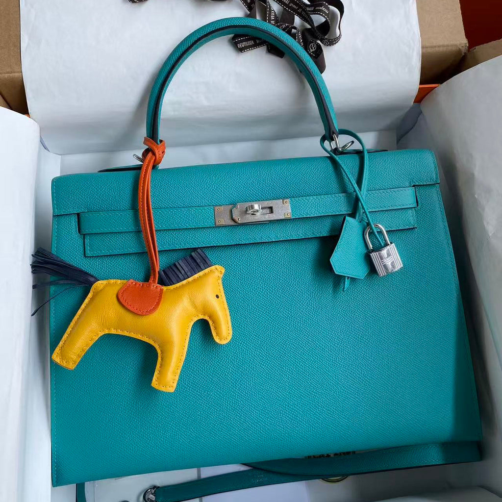 HM KELLY BAG 32 IN BLEU PAON TOGO LEATHER WITH SILVER HARDWARE