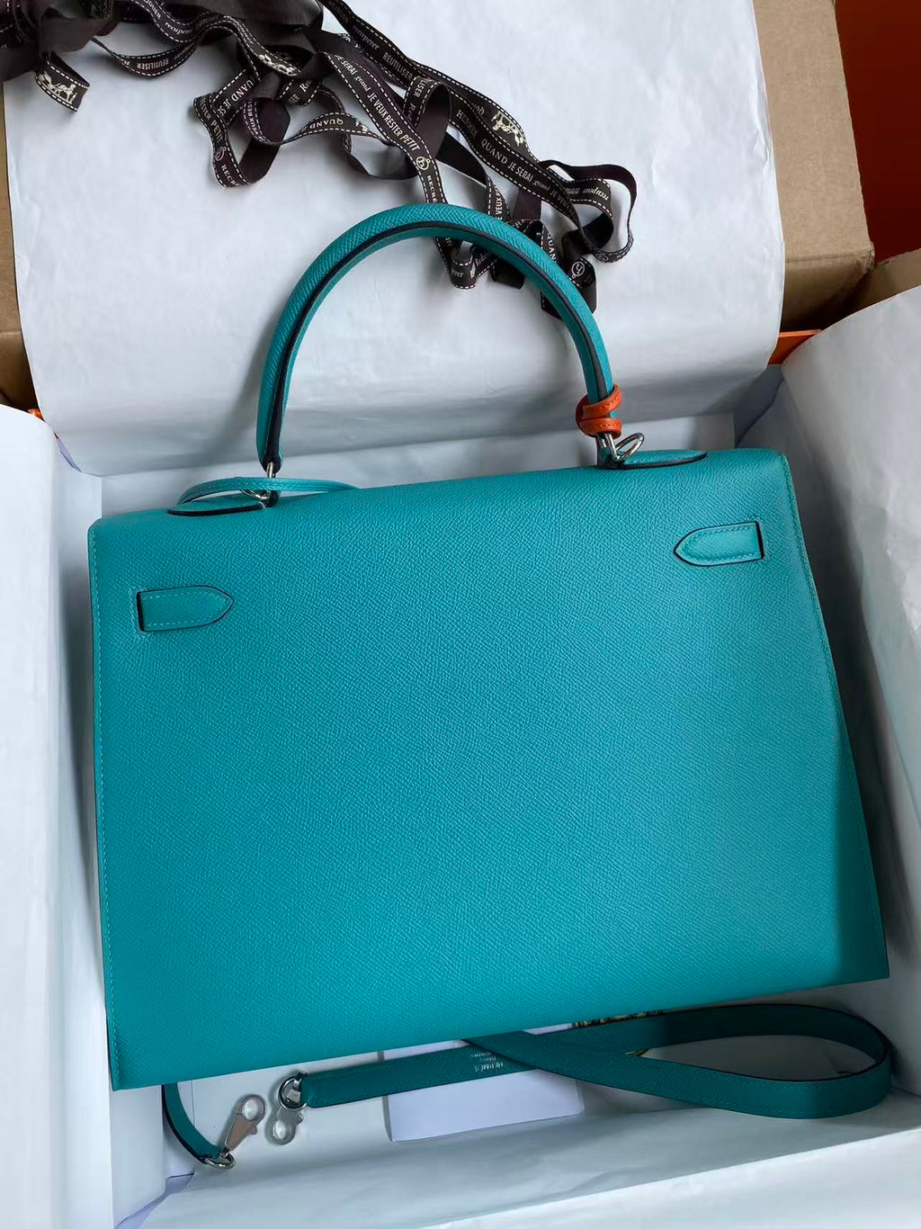 HM KELLY BAG 32 IN BLEU PAON TOGO LEATHER WITH SILVER HARDWARE