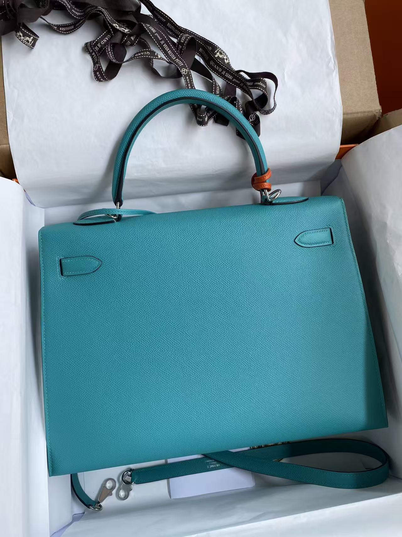 HM KELLY BAG 32 IN BLEU PAON TOGO LEATHER WITH SILVER HARDWARE