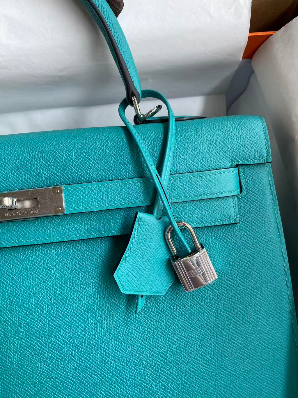 HM KELLY BAG 32 IN BLEU PAON TOGO LEATHER WITH SILVER HARDWARE