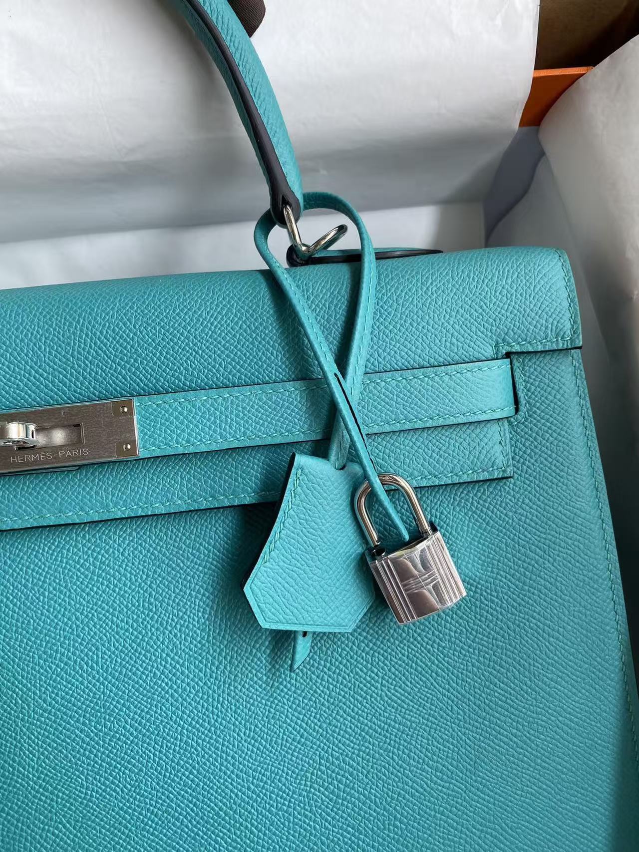 HM KELLY BAG 32 IN BLEU PAON TOGO LEATHER WITH SILVER HARDWARE