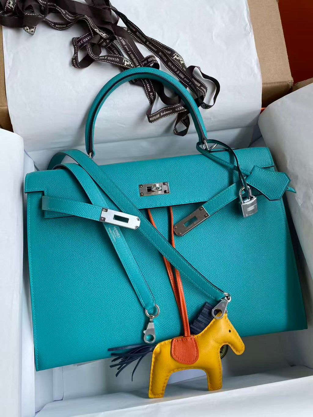 HM KELLY BAG 32 IN BLEU PAON TOGO LEATHER WITH SILVER HARDWARE