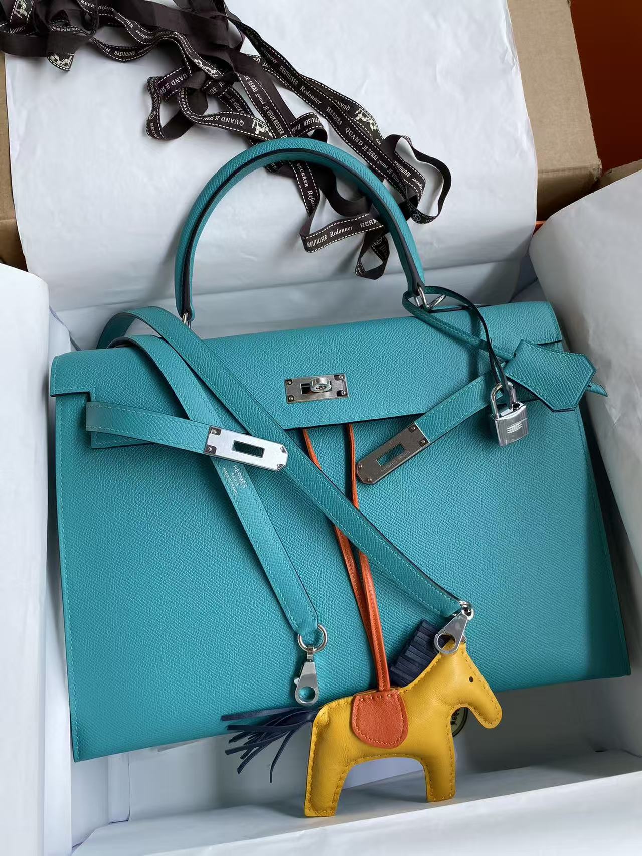 HM KELLY BAG 32 IN BLEU PAON TOGO LEATHER WITH SILVER HARDWARE