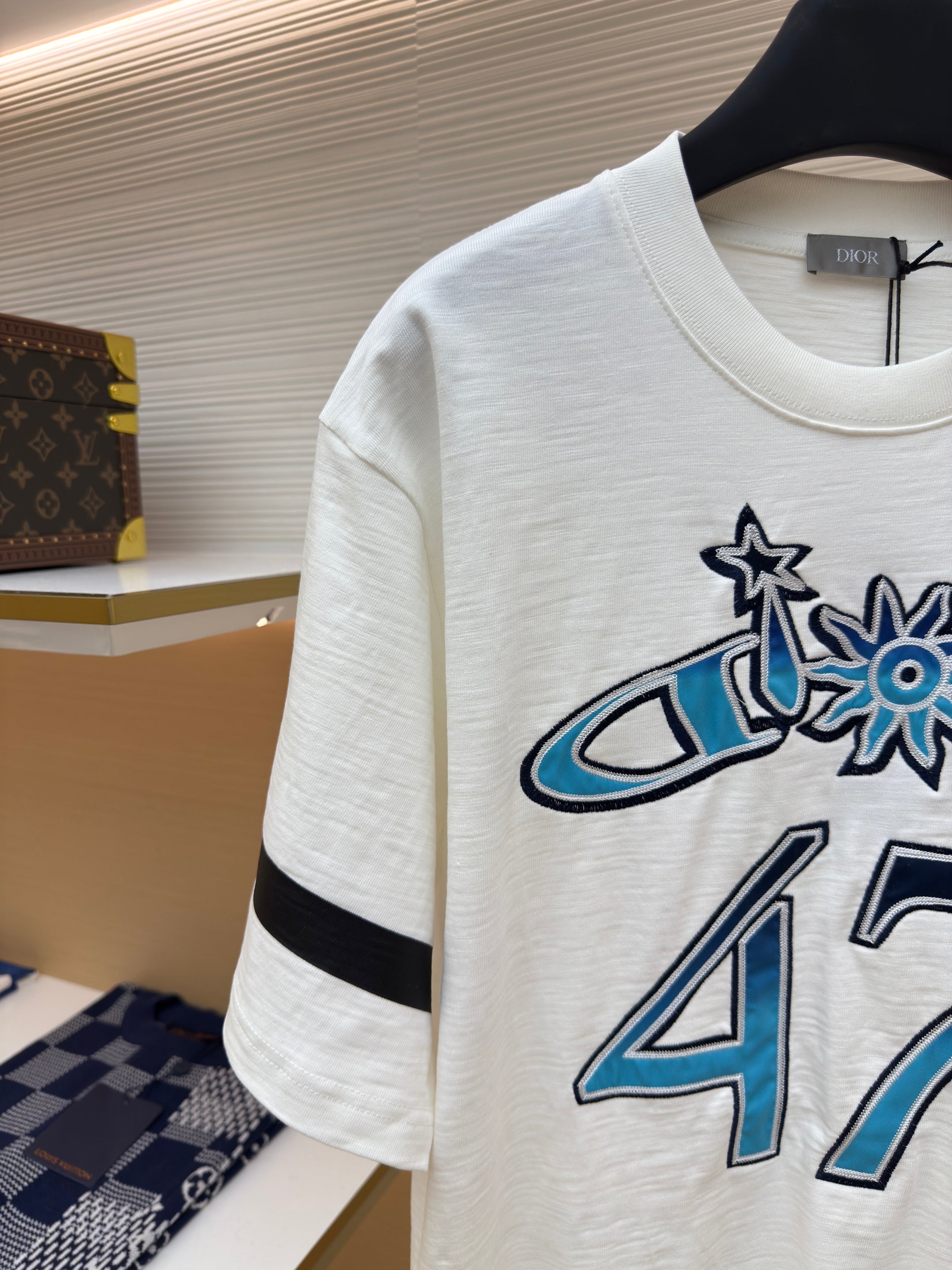 DIOR LEWIS HAMILTON T-SHIRT IN WHITE AND BLUE GRAPHIC LOGO