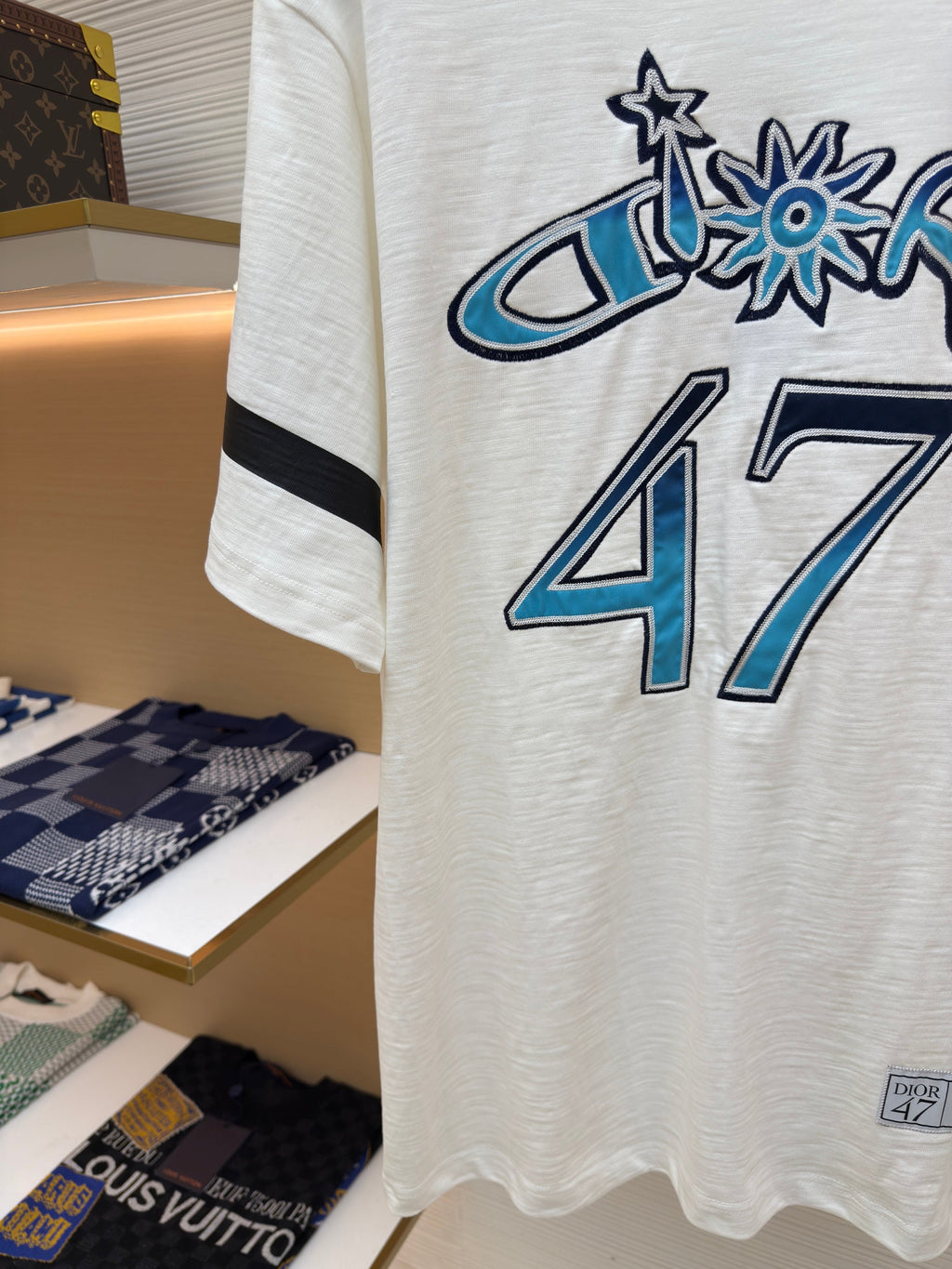 DIOR LEWIS HAMILTON T-SHIRT IN WHITE AND BLUE GRAPHIC LOGO