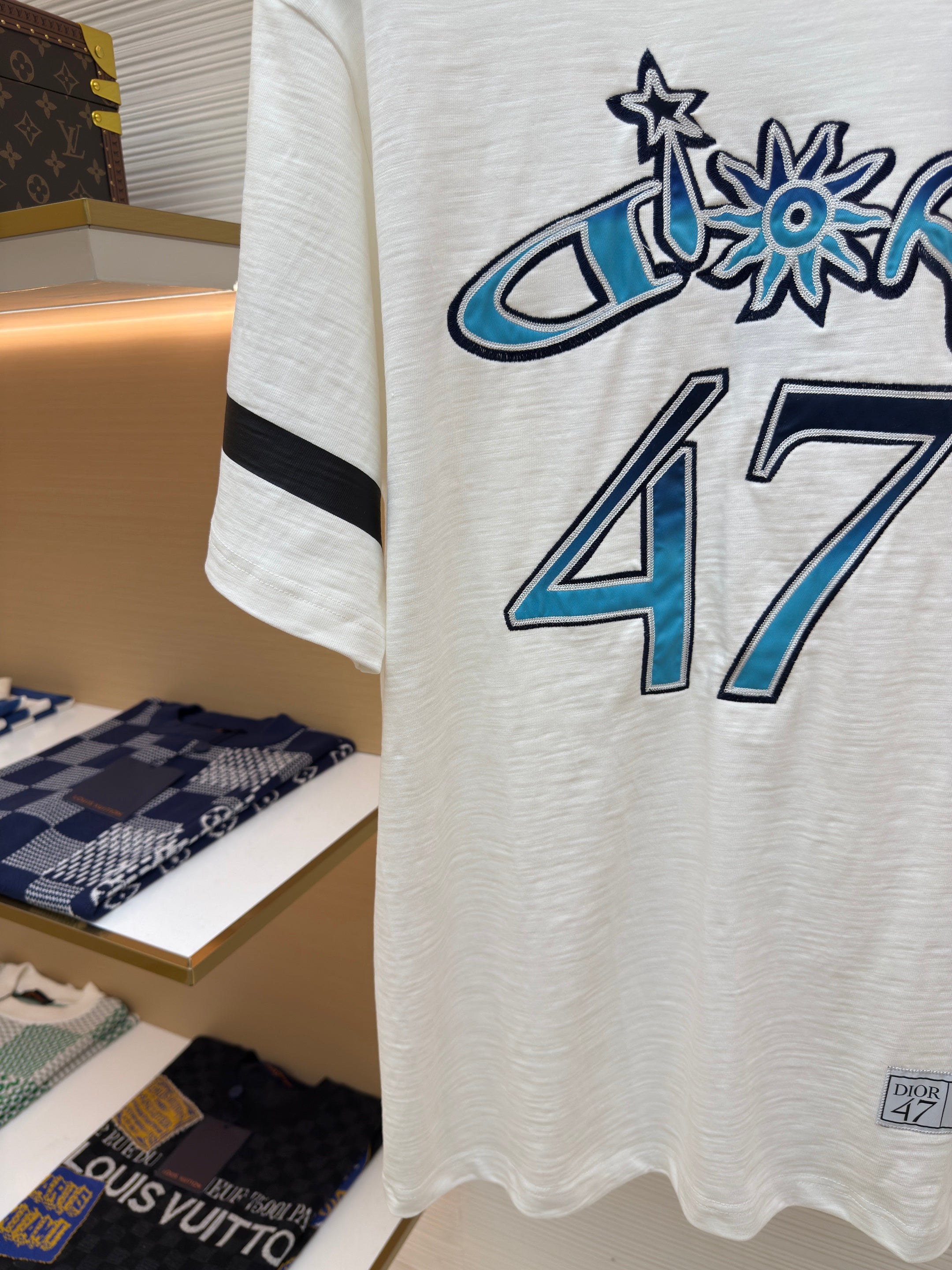 DIOR LEWIS HAMILTON T-SHIRT IN WHITE AND BLUE GRAPHIC LOGO