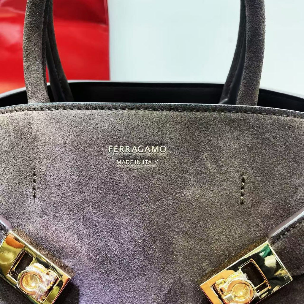 FERRAGAMO HUG LARGE TOTE BAG 32 IN BROWN SUEDE