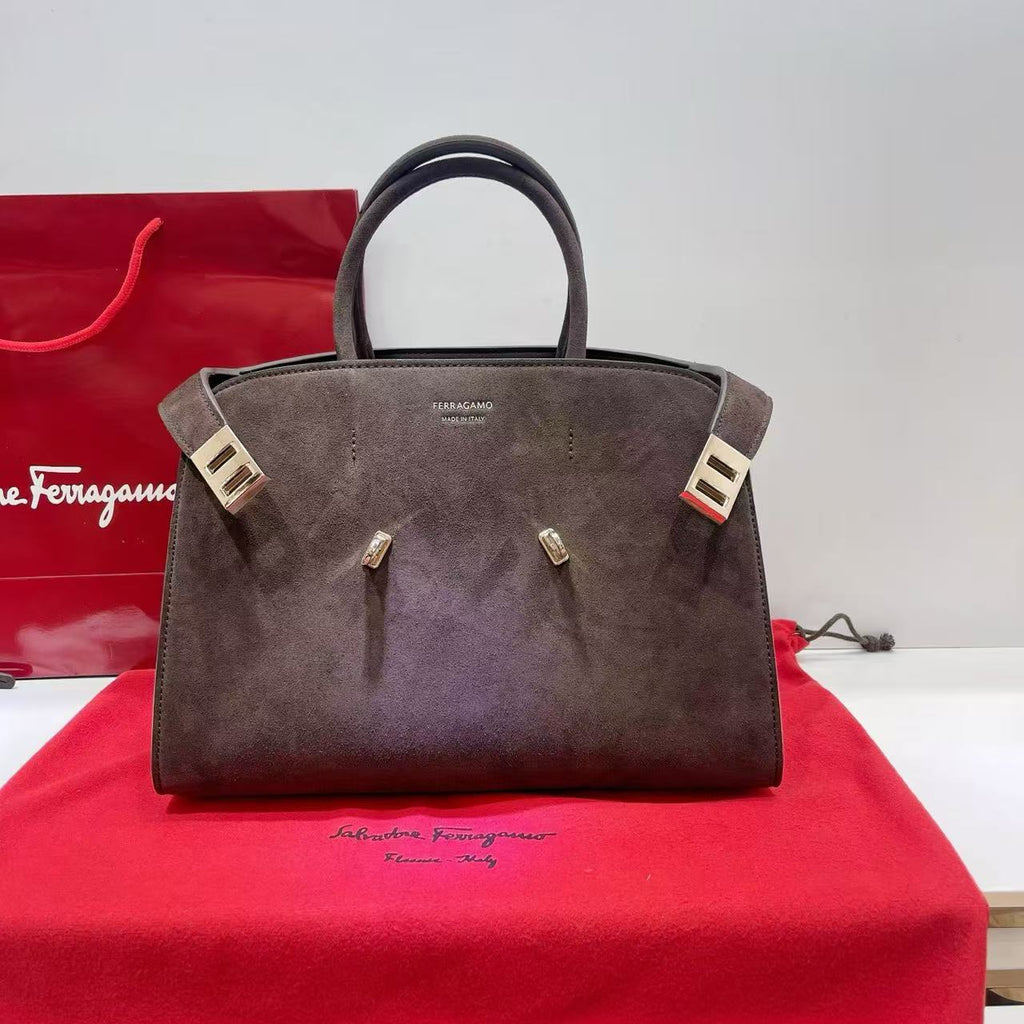 FERRAGAMO HUG LARGE TOTE BAG 32 IN BROWN SUEDE