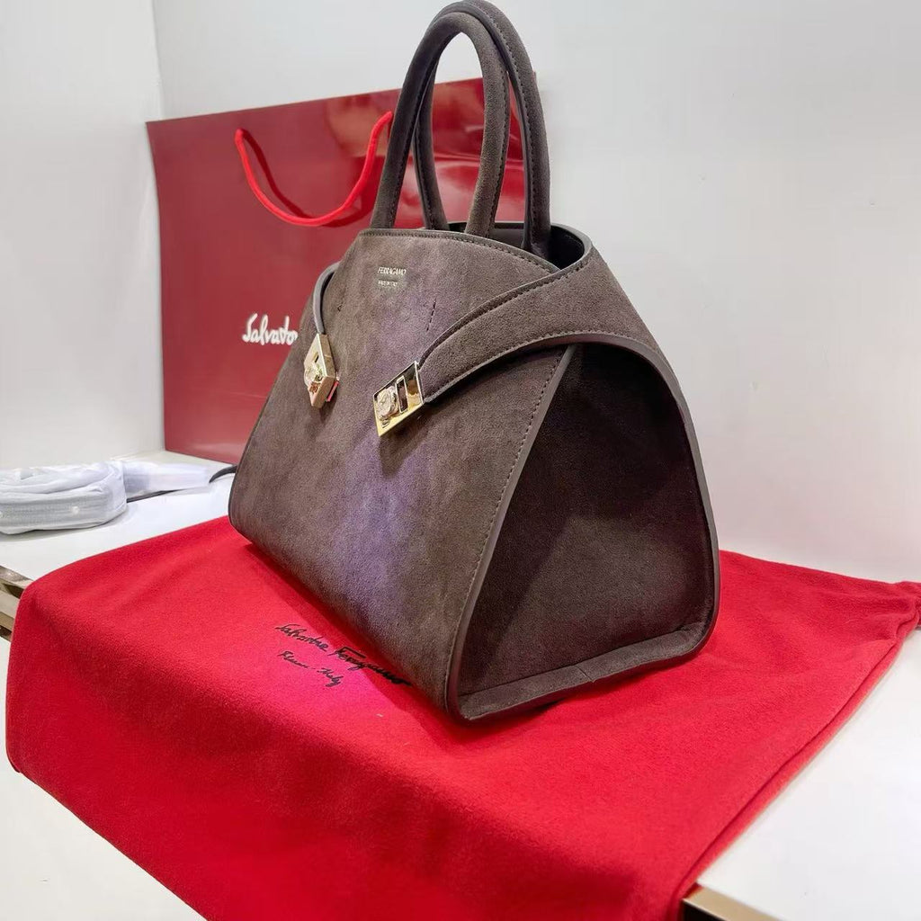 FERRAGAMO HUG LARGE TOTE BAG 32 IN BROWN SUEDE
