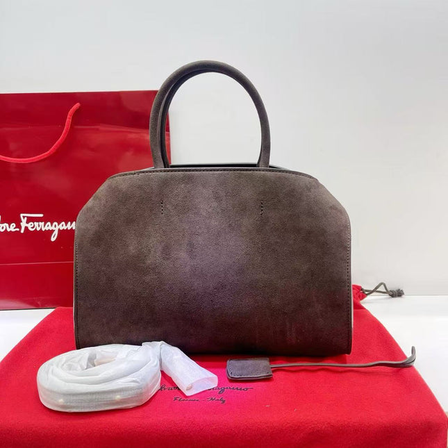 FERRAGAMO HUG LARGE TOTE BAG 32 IN BROWN SUEDE
