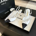 CHANEL 25S HIGH HEEL POINTY IN WHITE CALFSKIN AND BLACK FABRIC