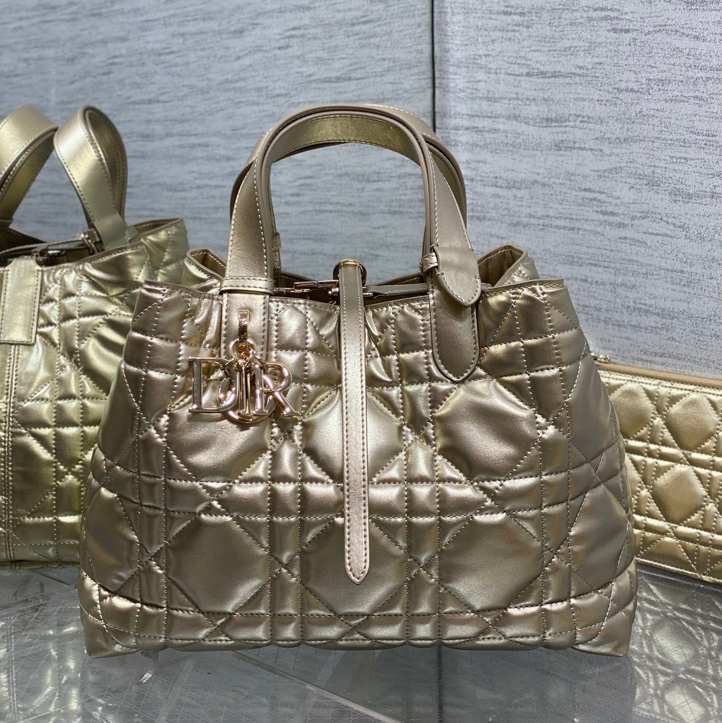 DIOR TOUJOURS TOTE BAG 28 IN GOLD METALLIC CALFSKIN