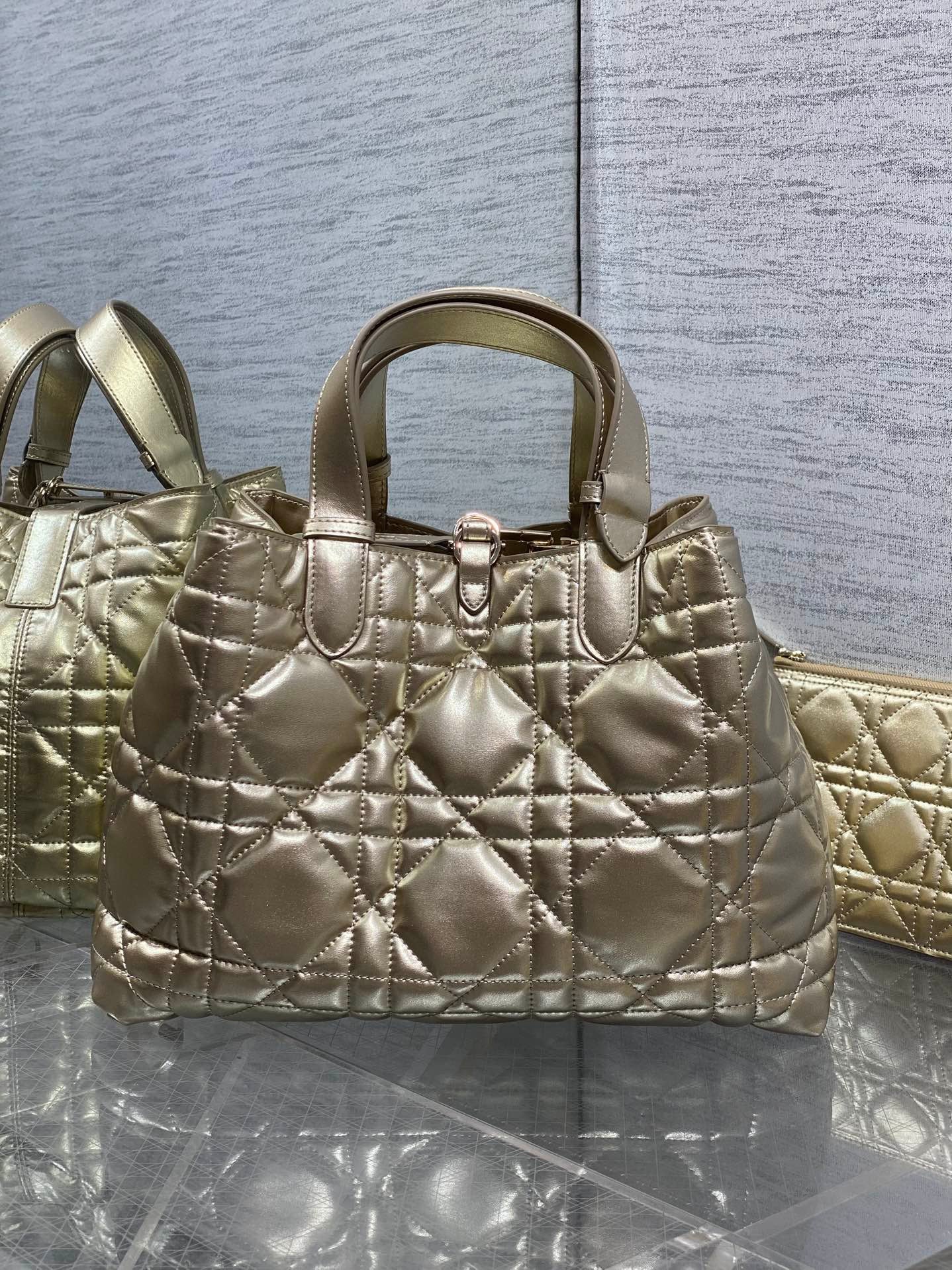 DIOR TOUJOURS TOTE BAG 28 IN GOLD METALLIC CALFSKIN