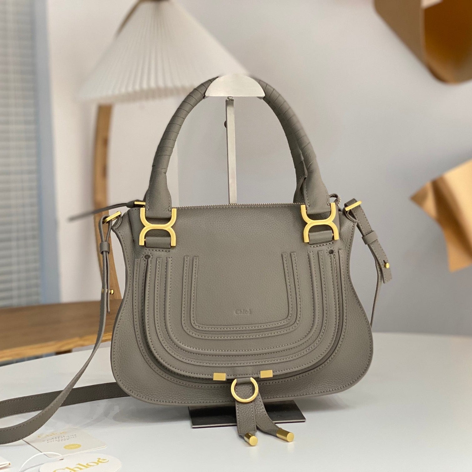 CHLOE MARCIE DOUBLE CARRY BAG IN GREY CALFSKIN GOLD HARDWARE