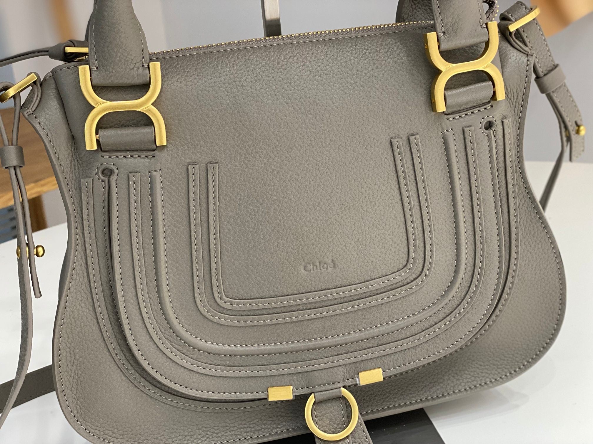 CHLOE MARCIE DOUBLE CARRY BAG IN GREY CALFSKIN GOLD HARDWARE