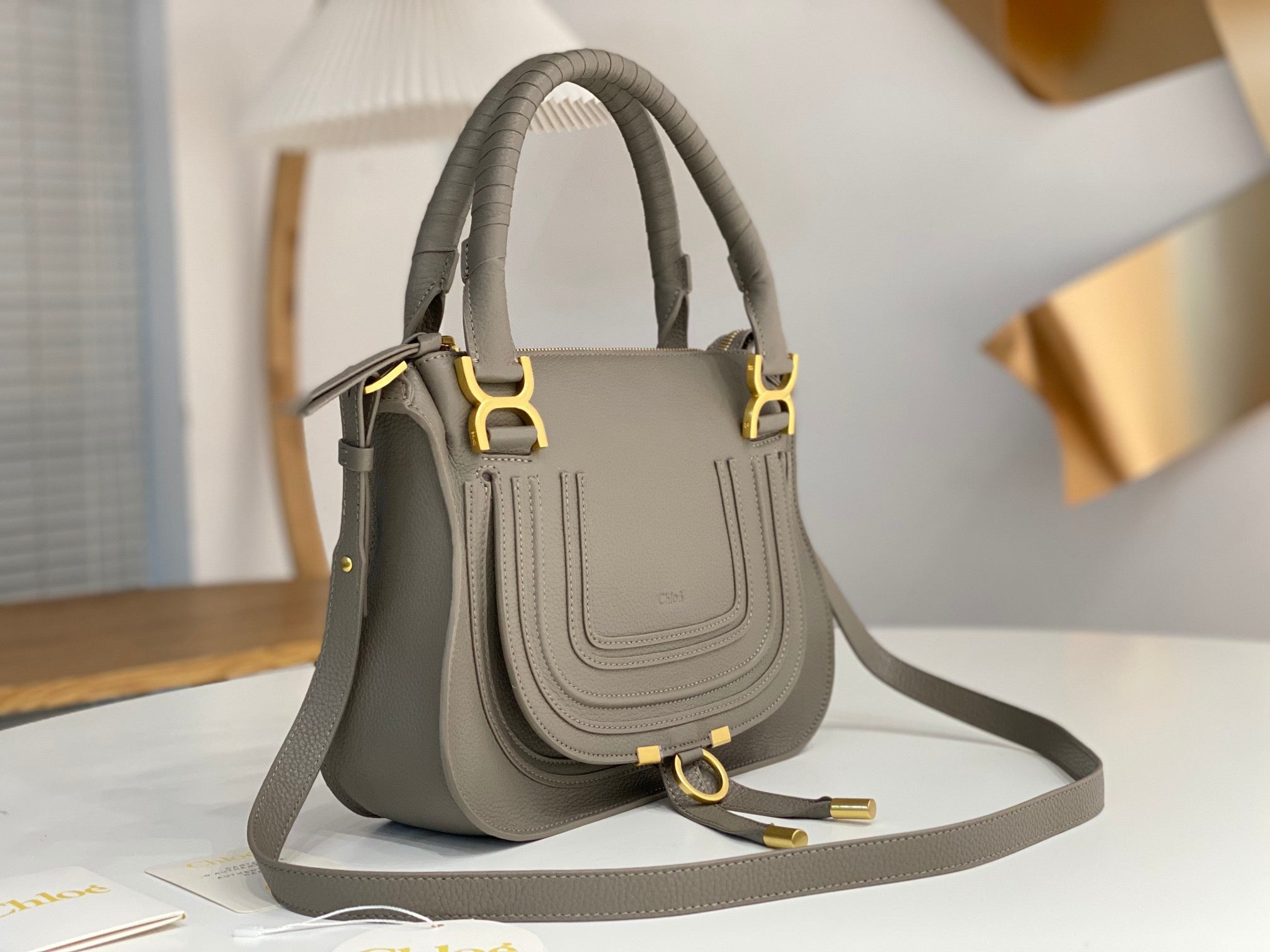 CHLOE MARCIE DOUBLE CARRY BAG IN GREY CALFSKIN GOLD HARDWARE