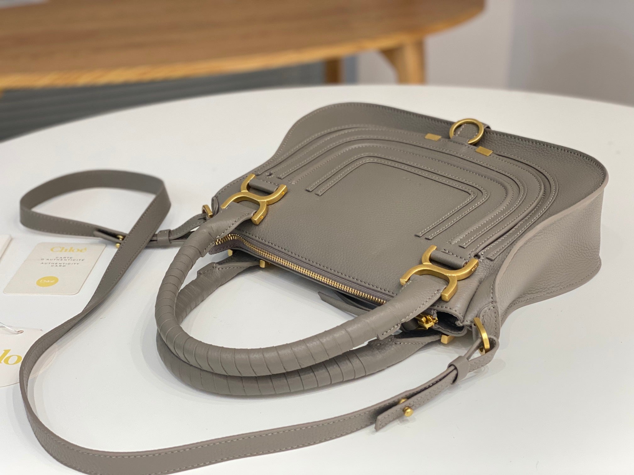 CHLOE MARCIE DOUBLE CARRY BAG IN GREY CALFSKIN GOLD HARDWARE