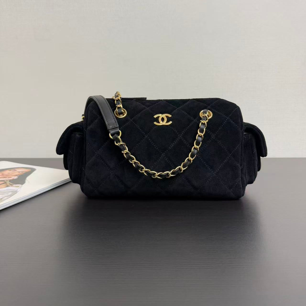 CHANEL BOWLING BAG 24 IN BLACK SUEDE WITH ANTIQUE GOLD HARDWARE