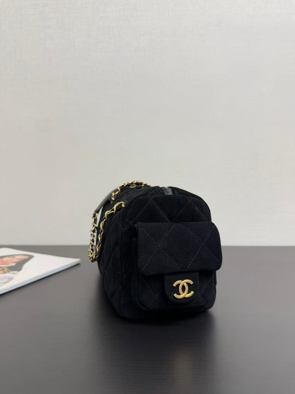 CHANEL BOWLING BAG 24 IN BLACK SUEDE WITH ANTIQUE GOLD HARDWARE