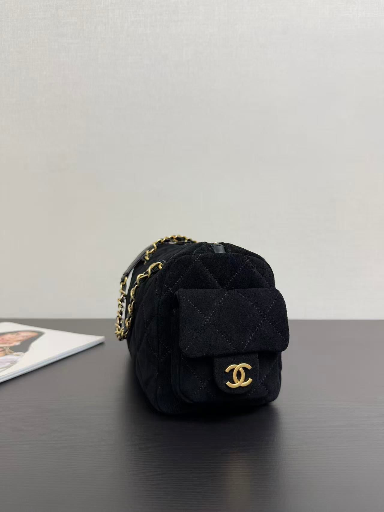 CHANEL BOWLING BAG 24 IN BLACK SUEDE WITH ANTIQUE GOLD HARDWARE