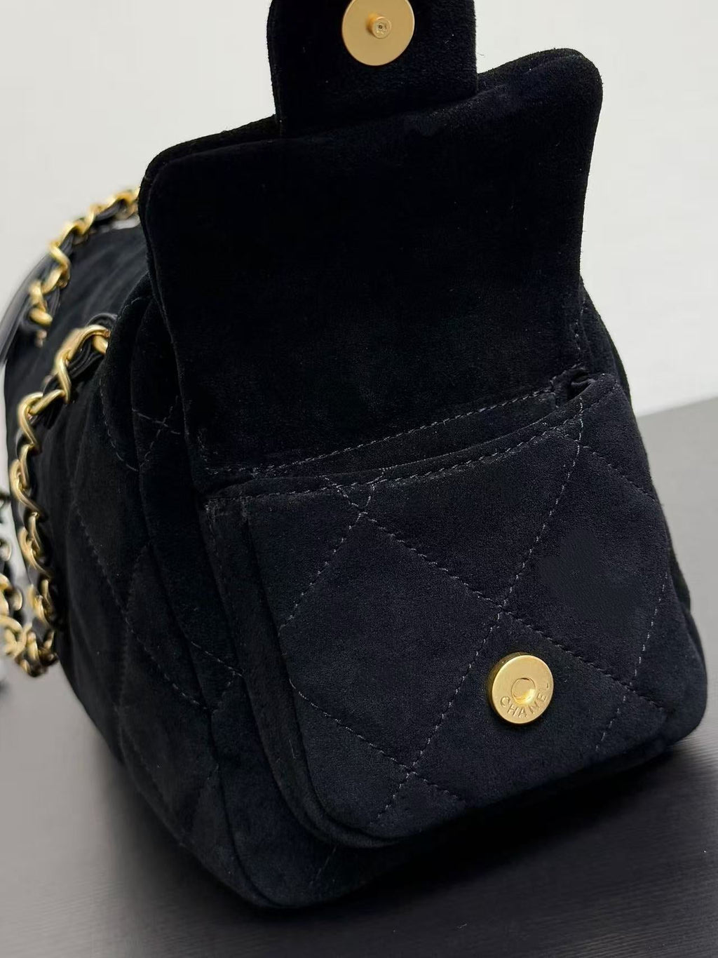 CHANEL BOWLING BAG 24 IN BLACK SUEDE WITH ANTIQUE GOLD HARDWARE