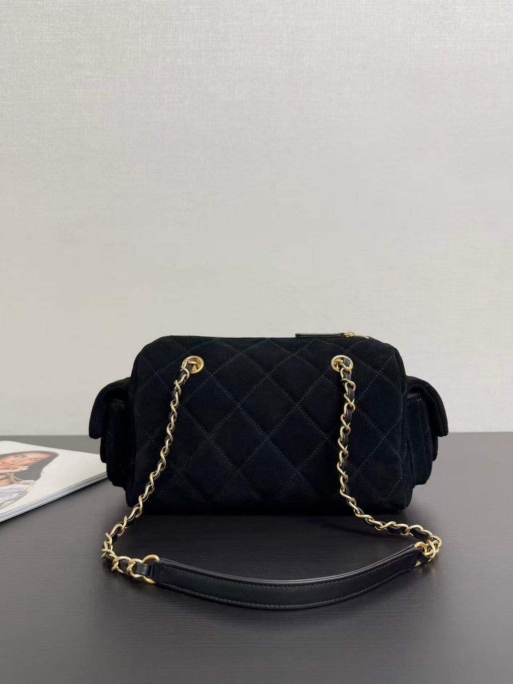 CHANEL BOWLING BAG 24 IN BLACK SUEDE WITH ANTIQUE GOLD HARDWARE