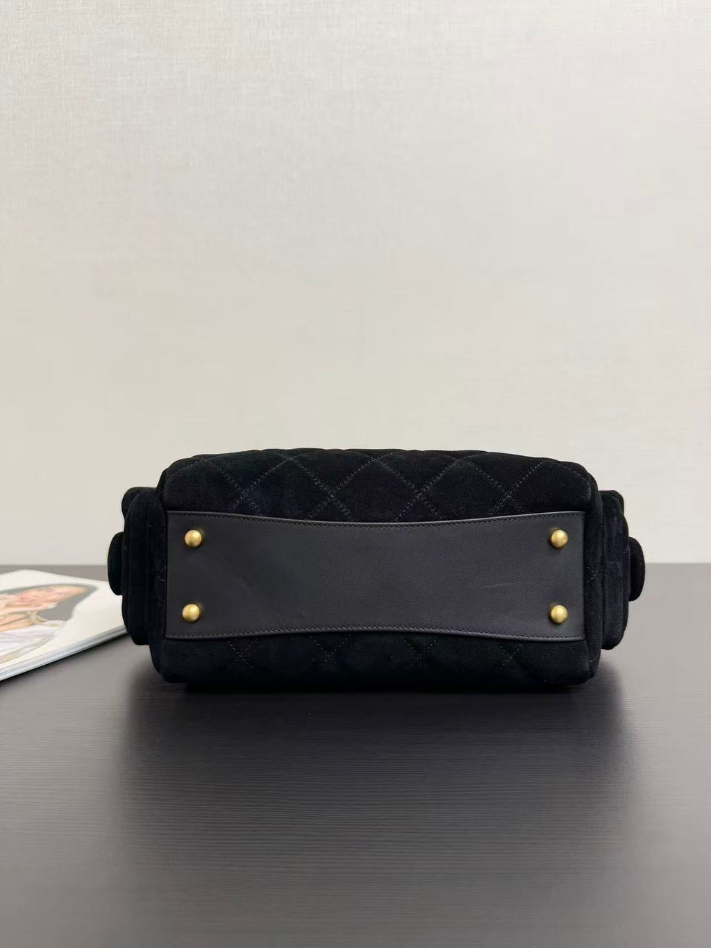 CHANEL BOWLING BAG 24 IN BLACK SUEDE WITH ANTIQUE GOLD HARDWARE