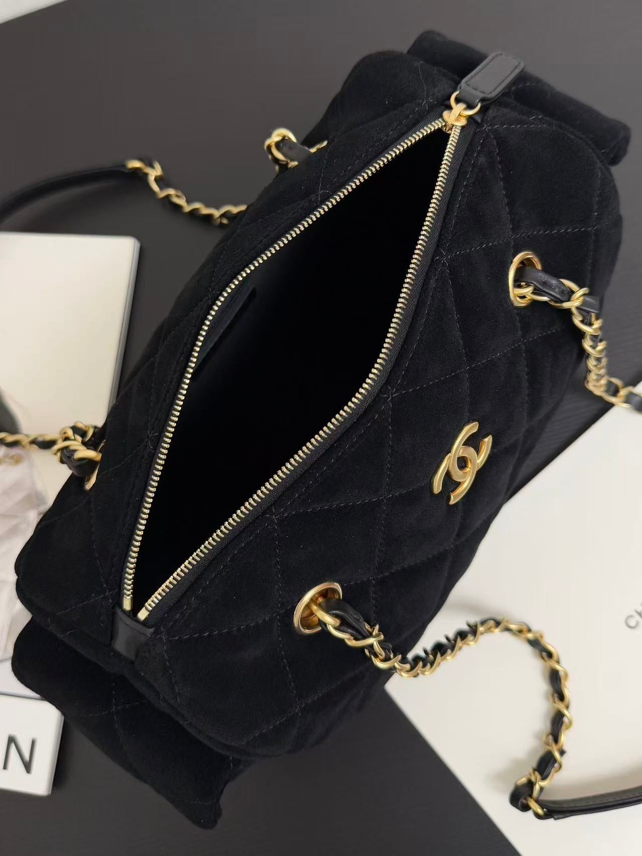 CHANEL BOWLING BAG 24 IN BLACK SUEDE WITH ANTIQUE GOLD HARDWARE