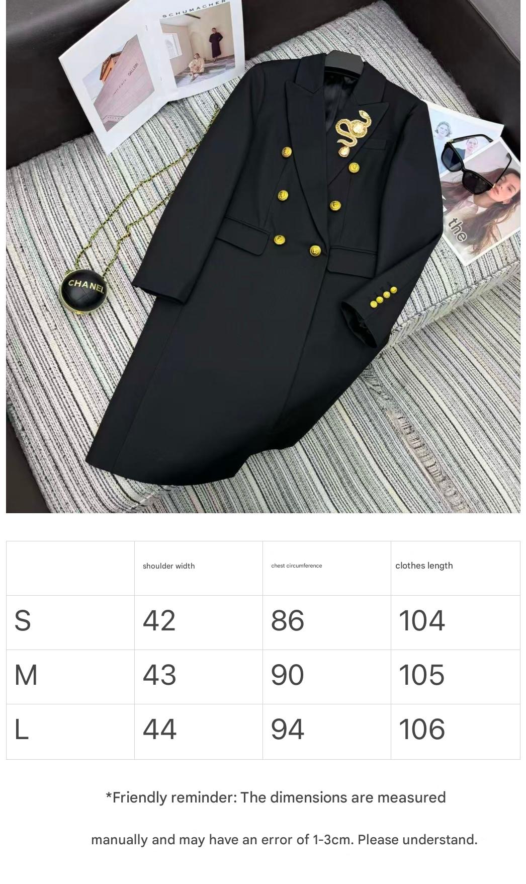 LONG COAT IN BLACK WITH GOLD BUTTONS AND A SNAKE BROOCH