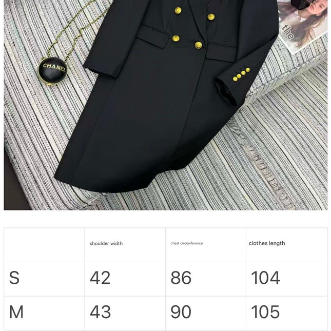 LONG COAT IN BLACK WITH GOLD BUTTONS AND A SNAKE BROOCH