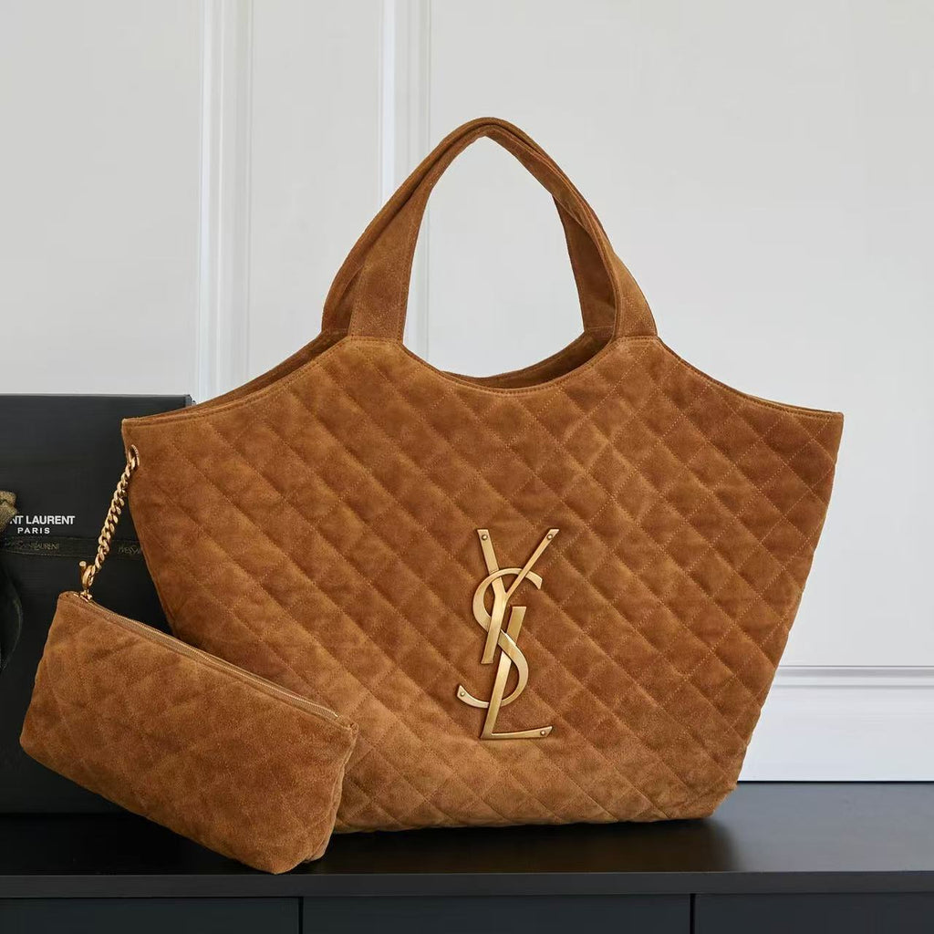 YSL ICARE 58 IN BROWN QUILTED SUEDE GOLD HARDWARE