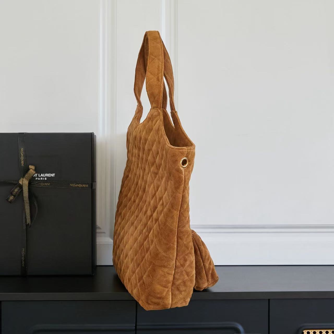 YSL ICARE 58 IN BROWN QUILTED SUEDE GOLD HARDWARE