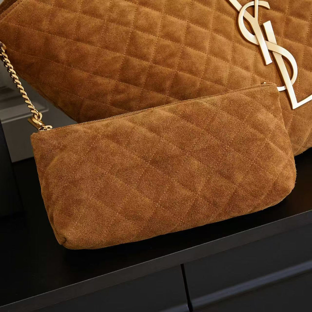 YSL ICARE 58 IN BROWN QUILTED SUEDE GOLD HARDWARE