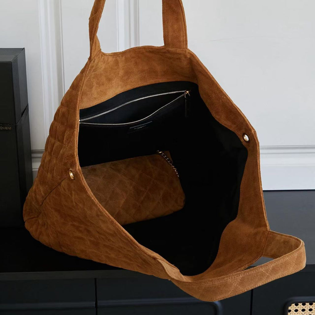 YSL ICARE 58 IN BROWN QUILTED SUEDE GOLD HARDWARE