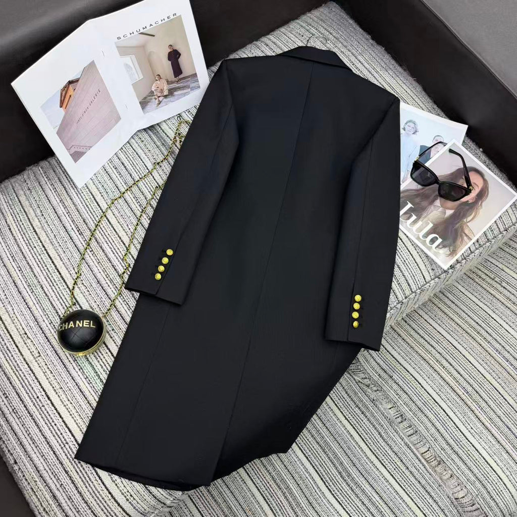LONG COAT IN BLACK WITH GOLD BUTTONS AND A SNAKE BROOCH