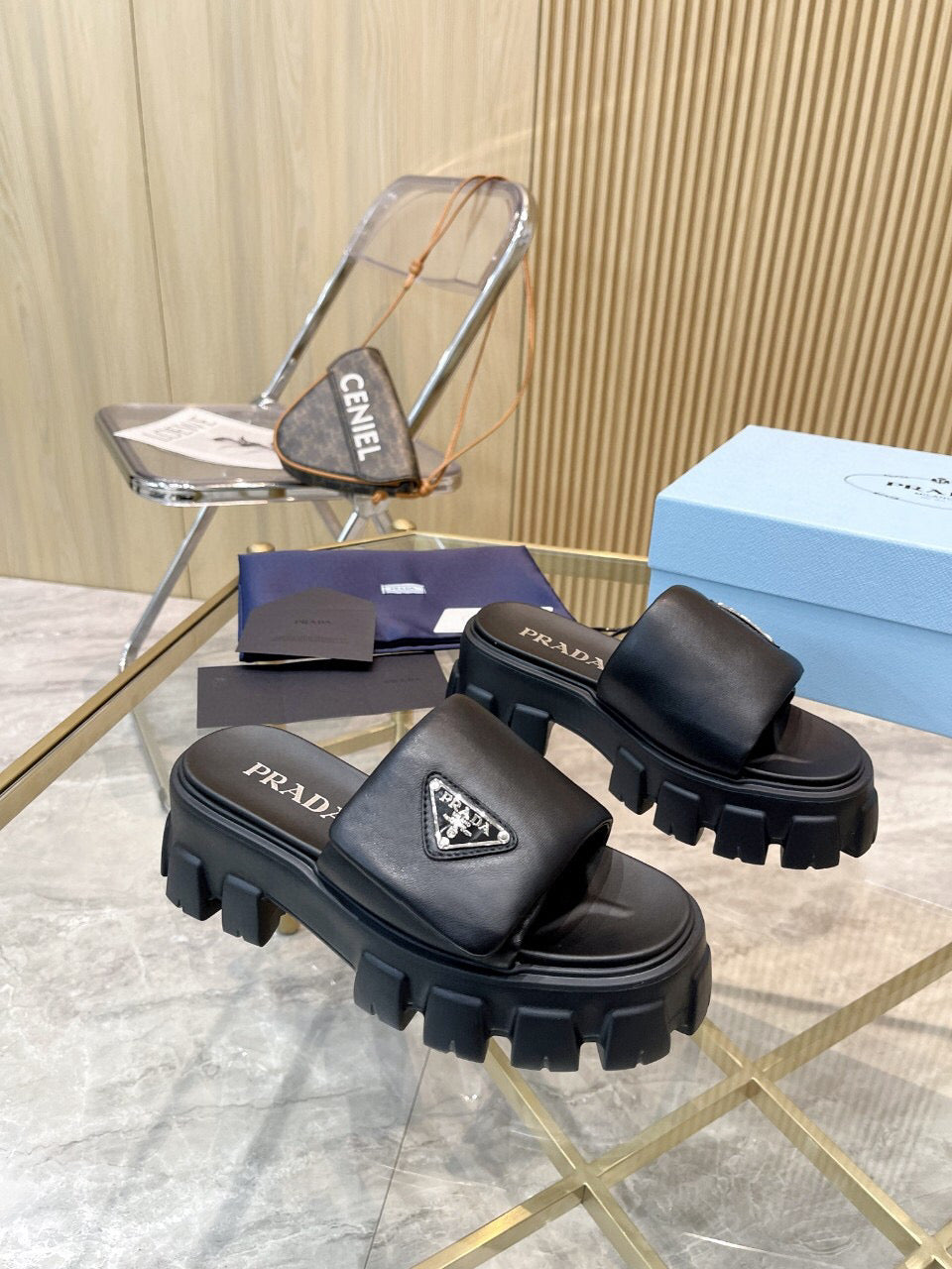 PRADA SOFT PADDED SANDALS IN BLACK CALFSKIN
