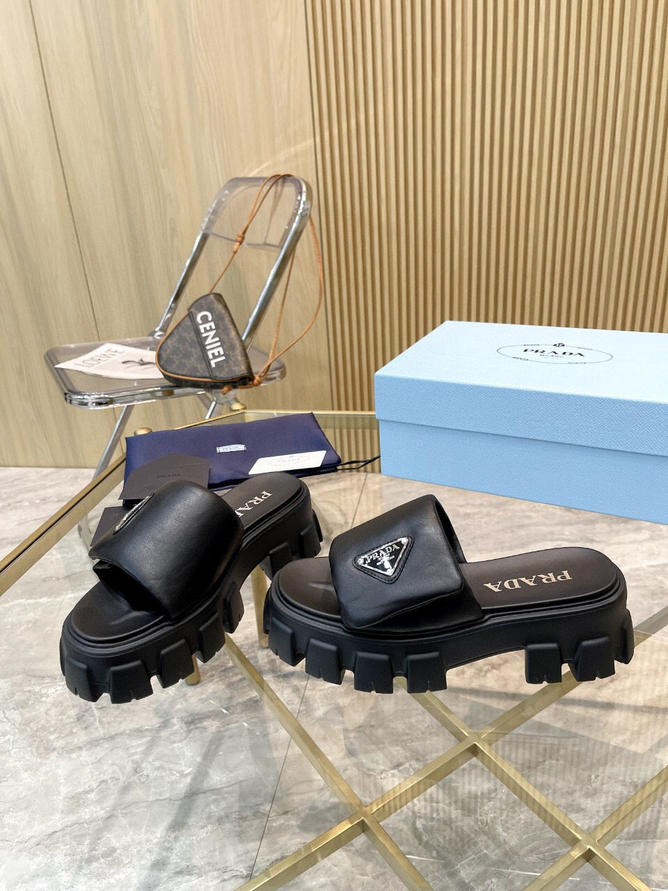 PRADA SOFT PADDED SANDALS IN BLACK CALFSKIN