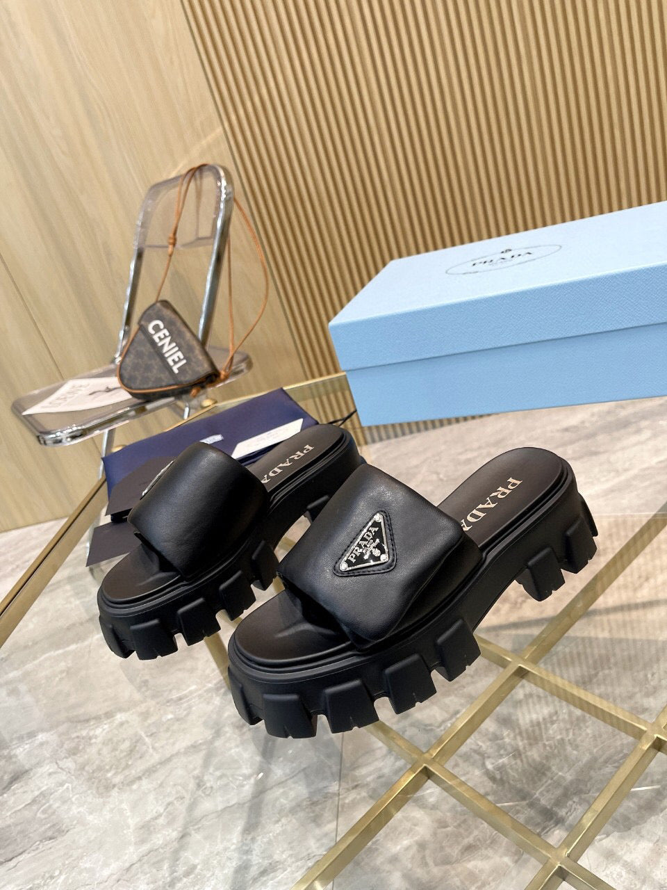 PRADA SOFT PADDED SANDALS IN BLACK CALFSKIN