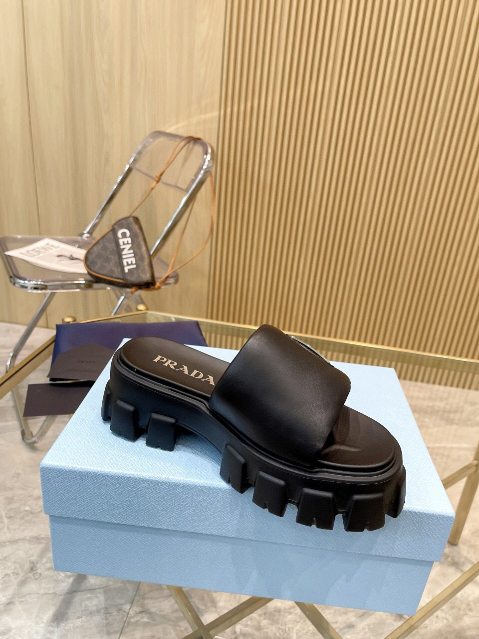 PRADA SOFT PADDED SANDALS IN BLACK CALFSKIN