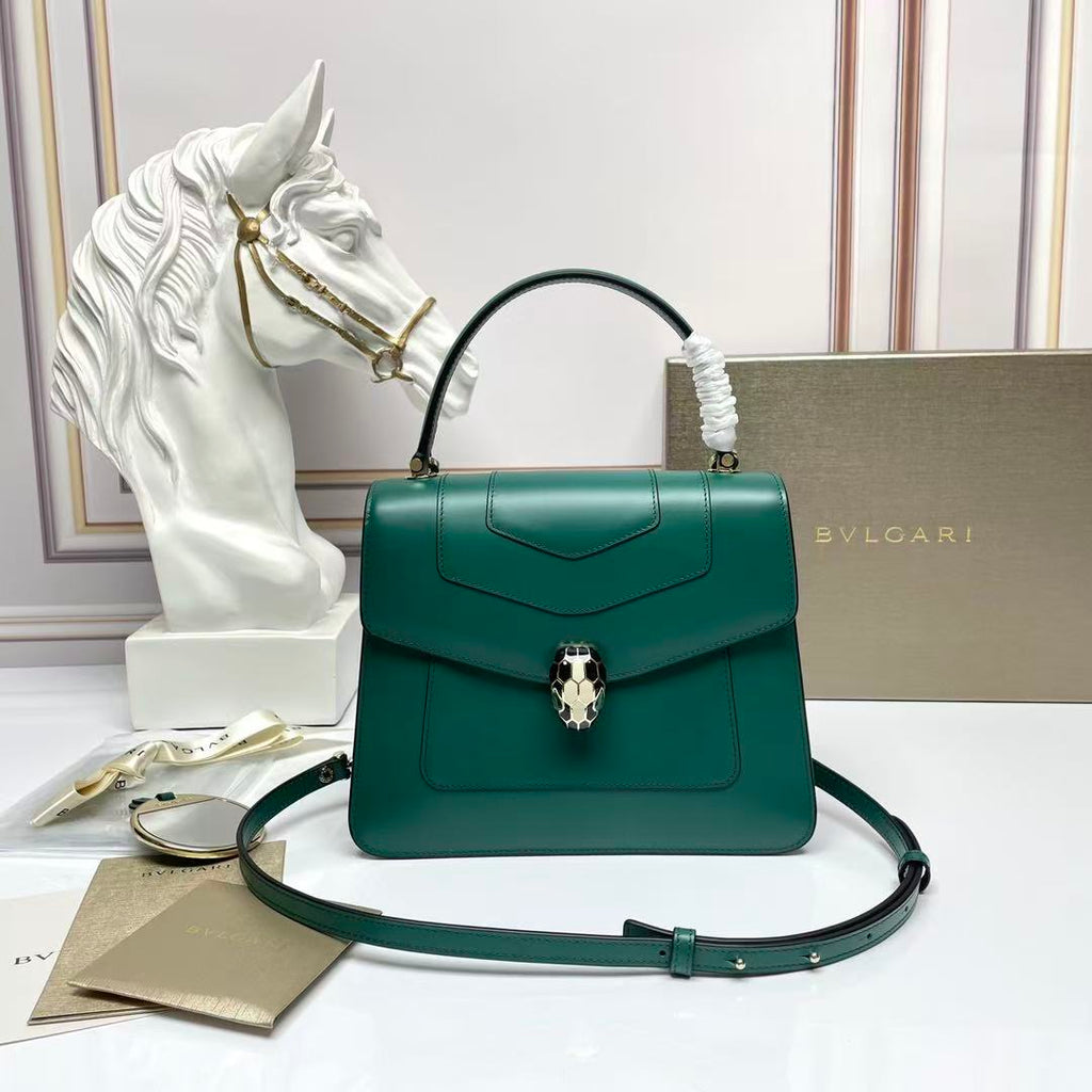 BULGARI SERPENTI FOREVER TOP 22 HANDLE BAG IN EMERALD GREEN CALFSKIN GOLD HARDWARE
