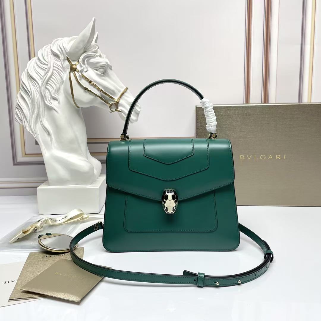 BULGARI SERPENTI FOREVER TOP 22 HANDLE BAG IN EMERALD GREEN CALFSKIN GOLD HARDWARE