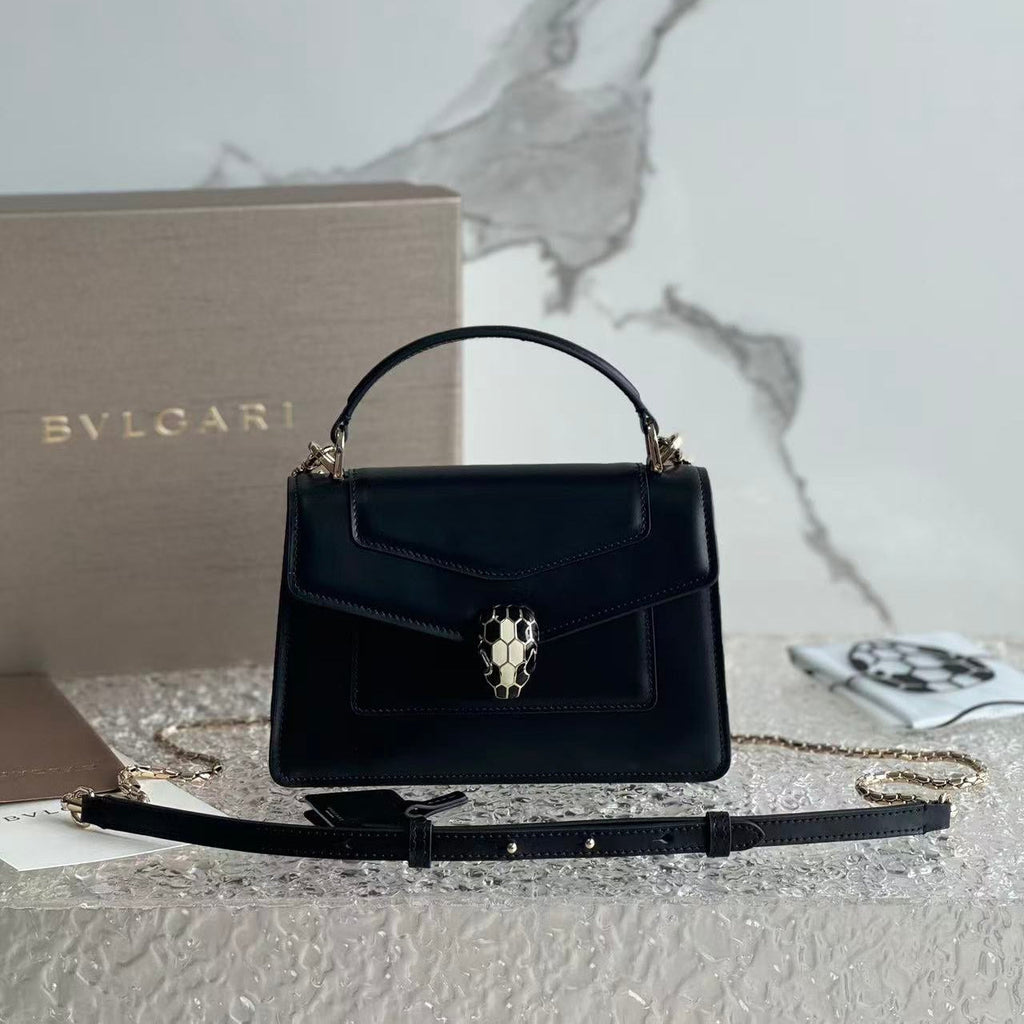BULGARI SERPENTI FOREVER TOP 19 HANDLE BAG IN BLACK CALFSKIN GOLD HARDWARE