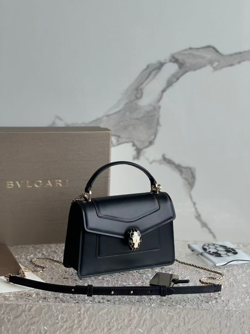 BULGARI SERPENTI FOREVER TOP 19 HANDLE BAG IN BLACK CALFSKIN GOLD HARDWARE